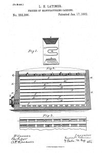 Technical drawing: Lewis H. Latimer's Patent 252386 for the process of manufacturing carbons (Drawing by Lewis Latimer, public domain)